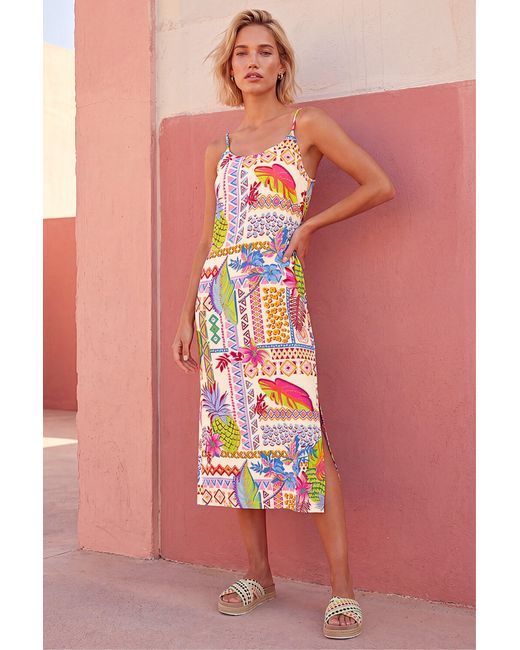 Roman Pink Pineapple Print Strappy Midi Dress