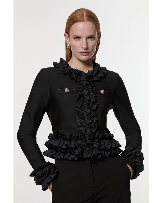 Karen Millen Black Figure Form Bandage Knit Jacket With Woven Ruffle Trim