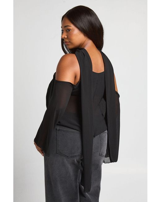 Boohoo Black Plus Sheer Cowl Neck Top With Scarf Detail