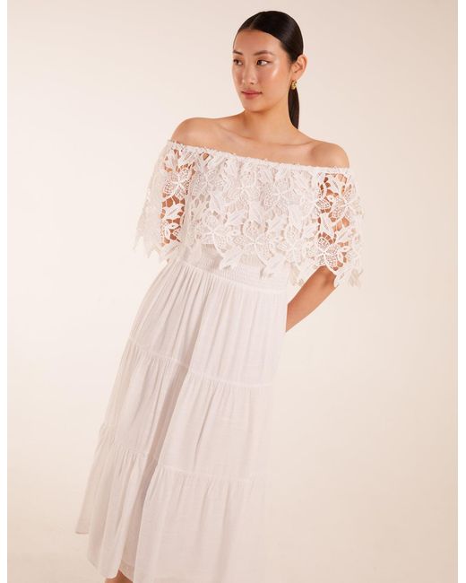 Blue Vanilla Natural Crochet Lace Shirred Waist Midi Dress