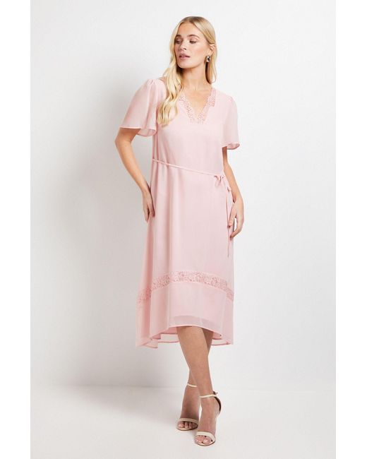 Wallis Pink Petite Chiffon Lace Insert Midi Dress