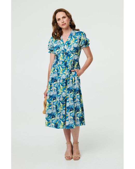 Izabel London Blue Leaf Print Short Sleeve Shirt Midi Dress