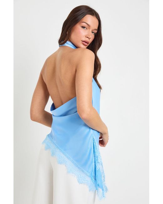 Boohoo Blue Lace Hem Cowl Top