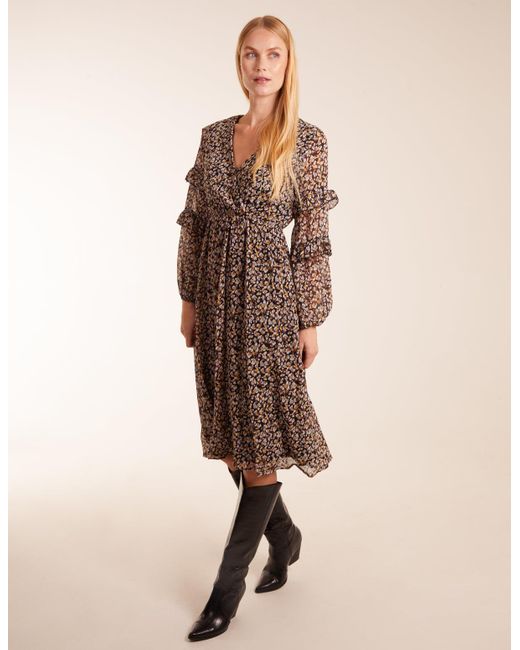 Blue Vanilla Natural V Neck Frill Sleeve Wrap Midi Dress