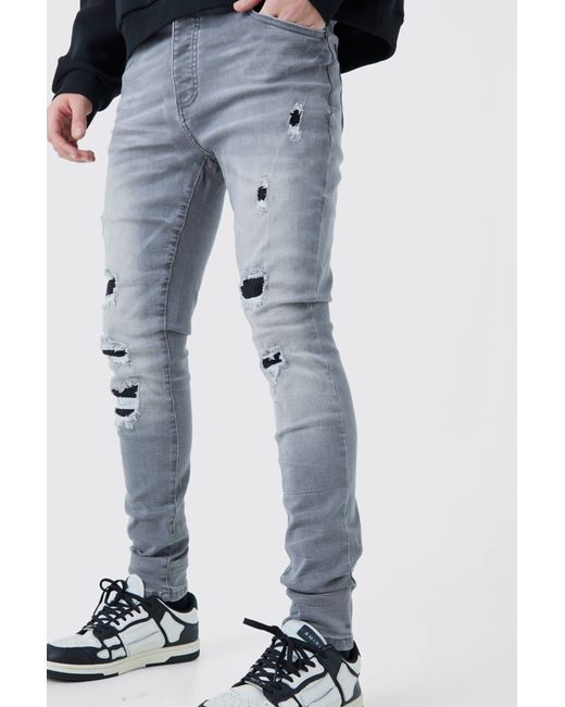 BoohooMAN Blue Skinny Stretch Ripped Jeans for men