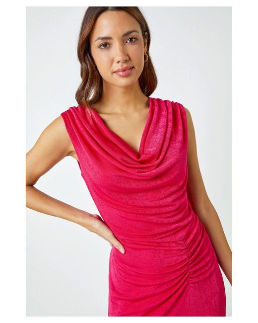 Roman Red Cowl Neck Ruched Midi Dress