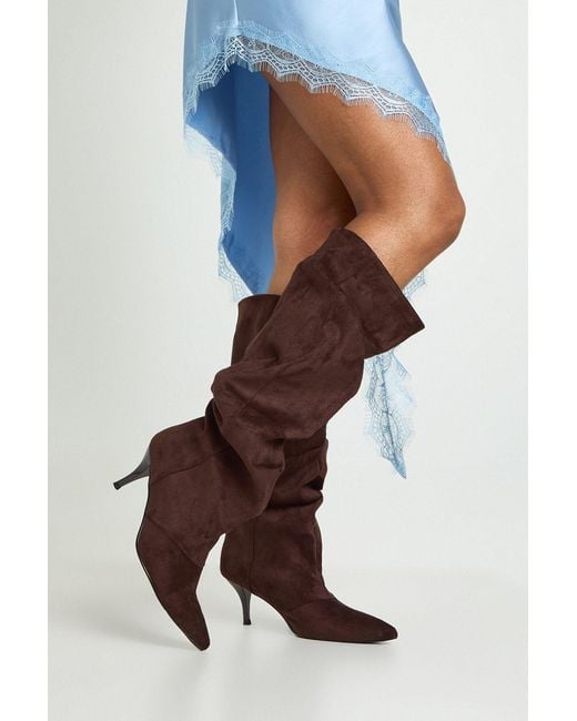 Boohoo Brown Slouchy Column Knee High Boots