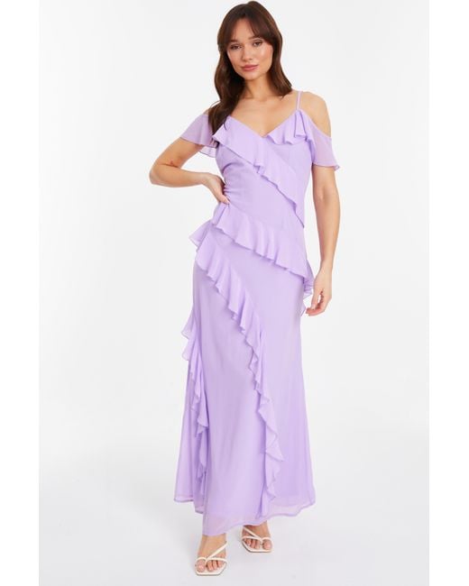 Quiz Purple Lilac Chiffon Frill Drop Shoulder Maxi Dress