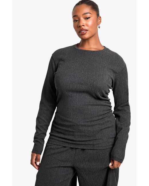 Boohoo Black Plus Ruched Side Long Sleeve Textured Top