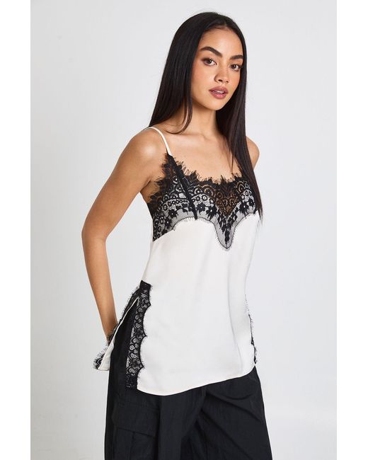 Boohoo White Lace Side Split Satin Cami Top