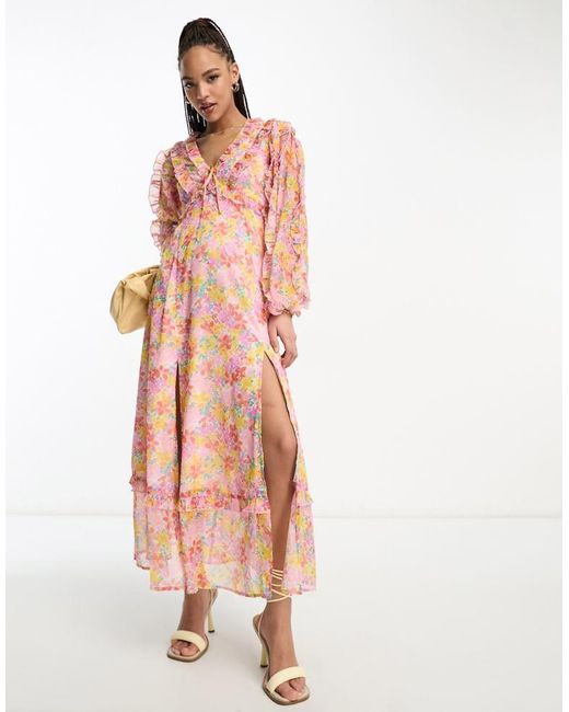 Miss Selfridge Pink Chiffon Frill Detail Maxi Dress