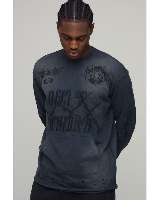 BoohooMAN Blue Oversized Heavyweight Washed Distressed Long Sleeve T-Shirt for men