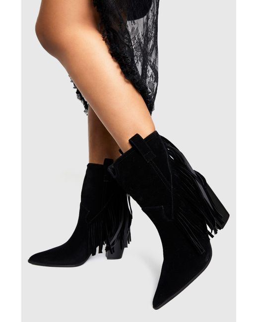 Boohoo Black Faux Suede Fringe Tassel Detail Heeled Western Ankle Boots