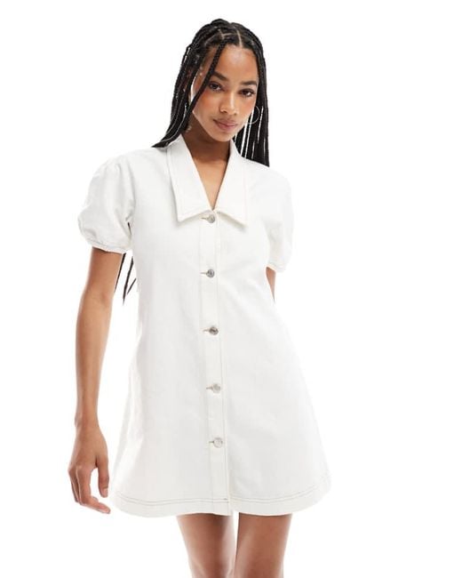 ASOS White Denim Mini Dress With Collar And Puff Sleeves