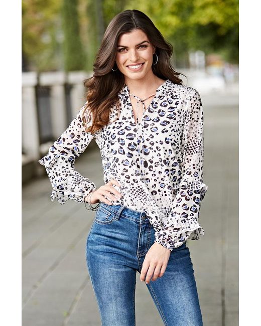 Sosandar Multicolor Cream Abstract Print Ruffle Sleeve Top Leather