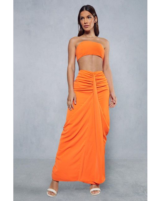 MissPap Orange Drape Front Ruched Maxi Skirt