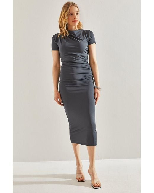 Bianco Lucci Blue Fitted Midi Dress With Ruffle Detail