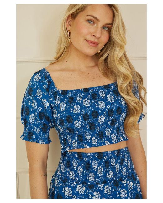Yumi' Blue Cotton Voile Floral Ruched Crop Top