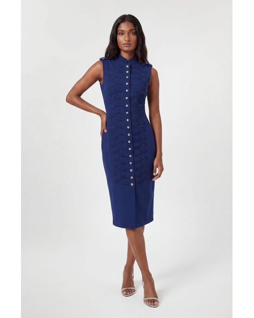 Karen Millen Blue Petite Compact Stretch Button Detail Straight Pencil Dress