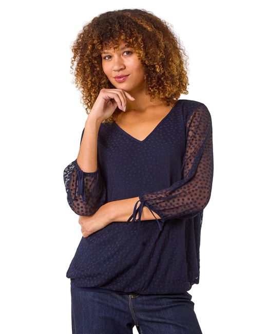 Roman Blue Burnout Print V-Neck Overlay Mesh Top