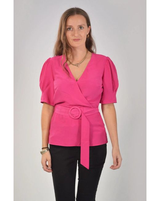 Warehouse Pink V Neck Puff Sleeve Blouse Viscose