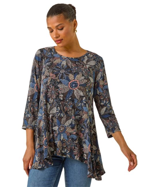Roman Black Floral Puff Print Stretch Shirt