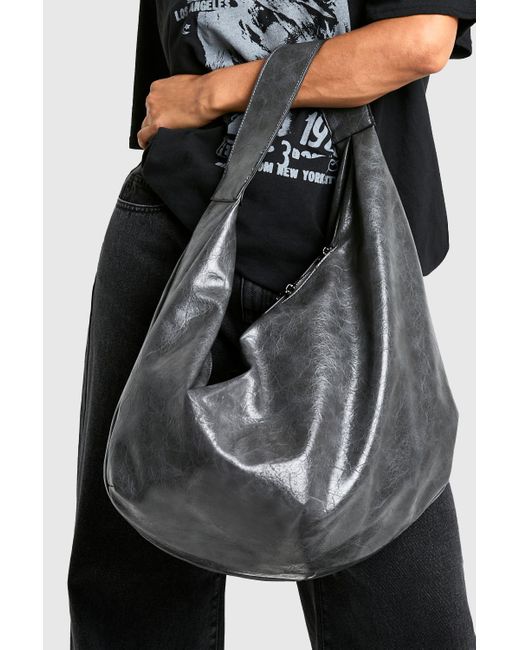 Boohoo Gray Distressed Faux Leather Slouchy Tote Bag