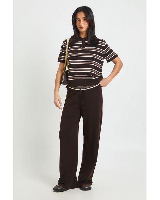 Boohoo Natural Petite Placket Collar Short Sleeve Stripe Knitted Top And Trouser