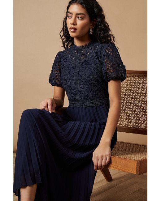 Oasis Blue Petite Lace Puff Sleeve Pleated Midi Dress