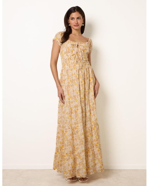 Blue Vanilla Natural Double Front Tie Shirred Ditsy Floral Maxi Dress