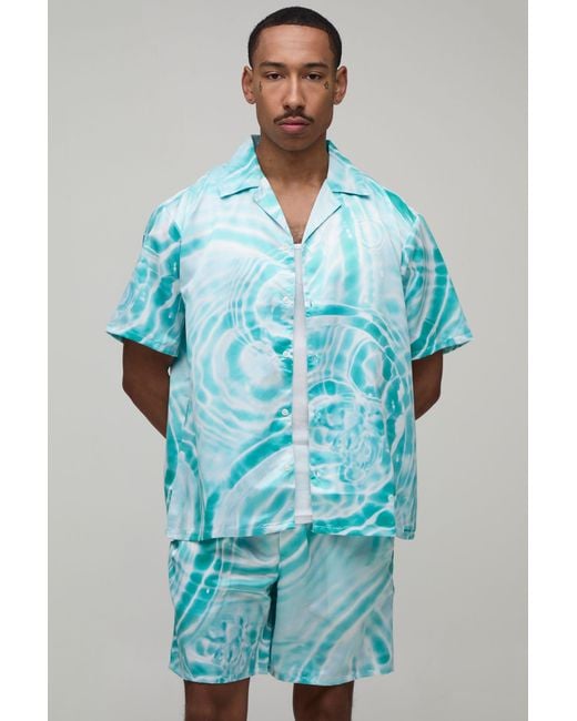 BoohooMAN Blue Oversized Short Sleeve Water Print Satin Shirt & Set for men