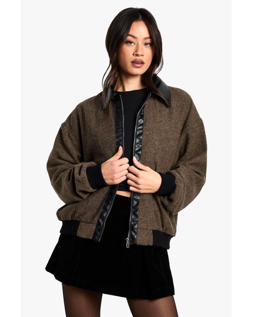 Boohoo Black Tall Contrast Pu Trim Wool Look Bomber Jacket