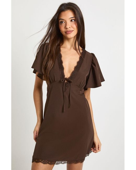 Boohoo Brown Lace Trim Mini Dress