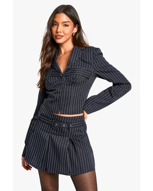 Boohoo Blue Pinstripe Corset Cropped Blazer