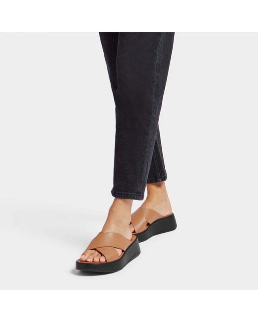 Fitflop Dames Fit Flop F-mode Leren Flatform Slide Sandalen In Tan in het Brown