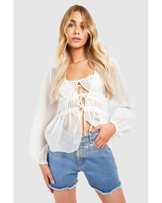 Boohoo White Textured Tie Volume Sleeve Blouse