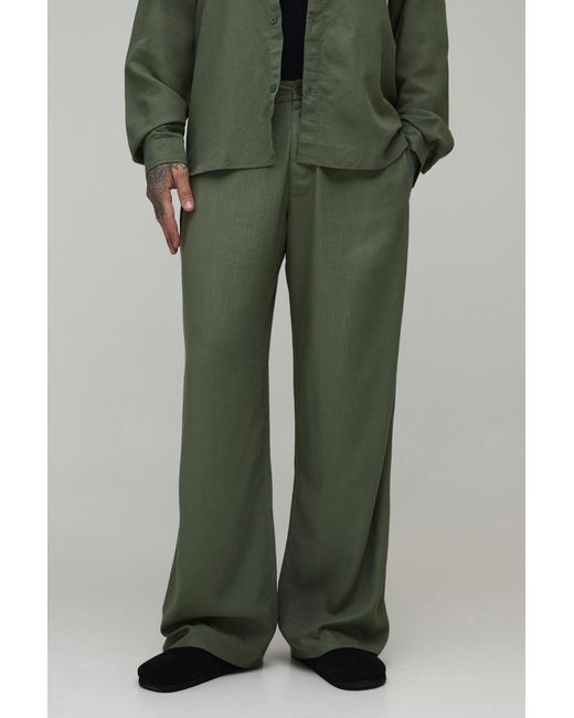 BoohooMAN Green Tall Half & Waistband Wide Fit Linen Blend Trousers for men