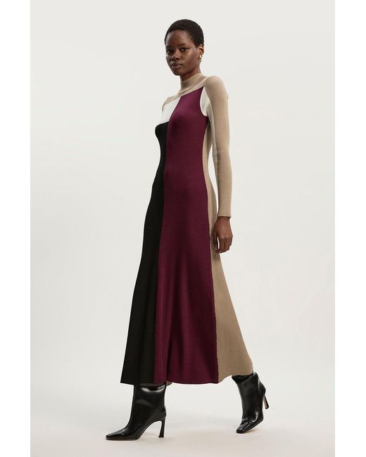 Karen Millen Multicolor Slinky Viscose Colour Block Full Skirted Knit Midi Dress