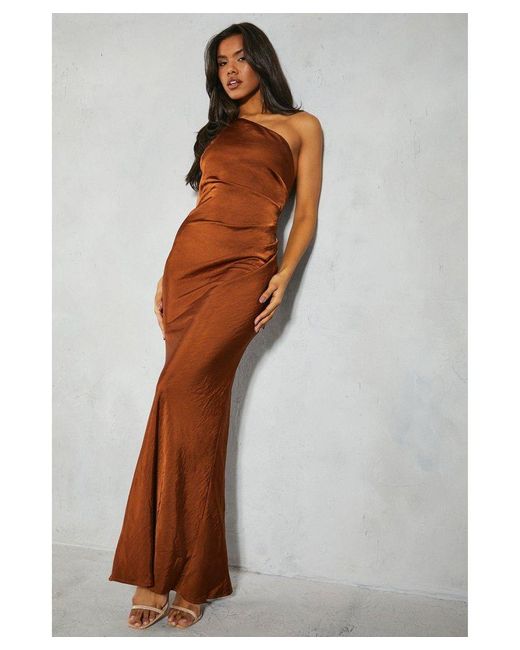 MissPap Brown Satin Asymmetric Strap Pleated Waist Low Back Maxi Dress