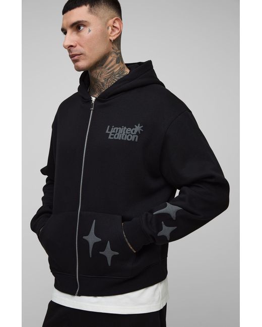 BoohooMAN Black Tall Oversized Boxy Worldwide Puff Print Zip Through Hoodie for men