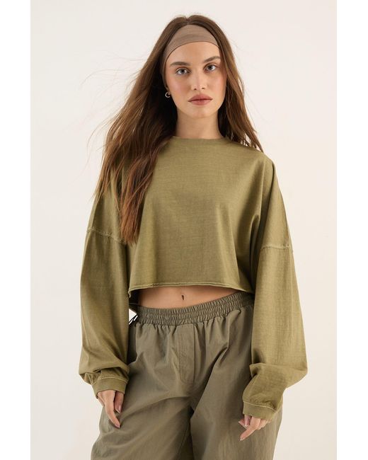 DSGN Studio Green Heavyweight Washed Oversized Long Sleeve Crop T-Shirt
