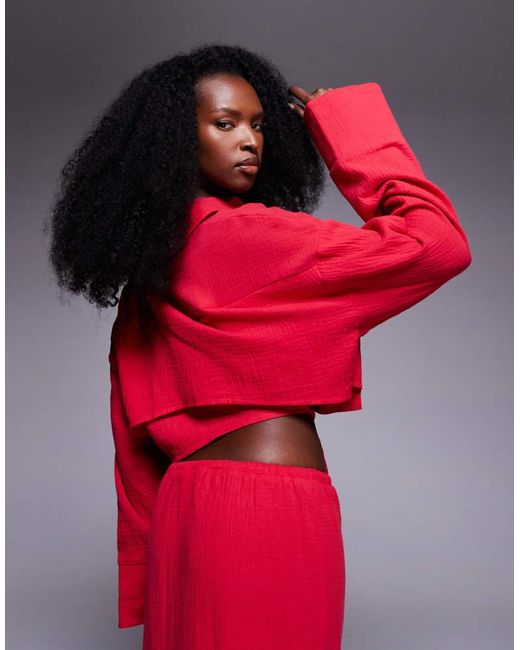 Kaiia Exclusive Textured Cotton Cropped Tie Back Oversized Shirt Co-Ord