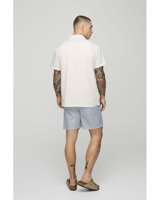 BoohooMAN Blue Small Stripe Print Mid Length Swim Trunks for men