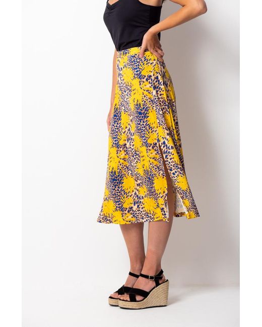 Sosandar Yellow Tropical Print Midi Skirt