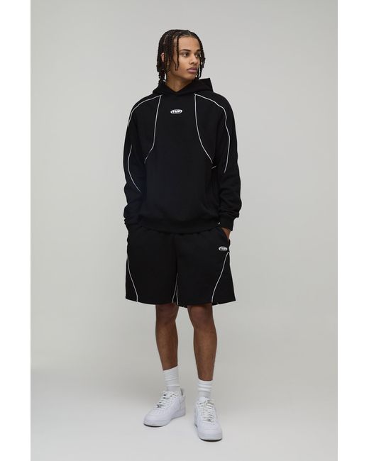 BoohooMAN Black Regular Fit Hooded Short Tracksuit With Piping for men