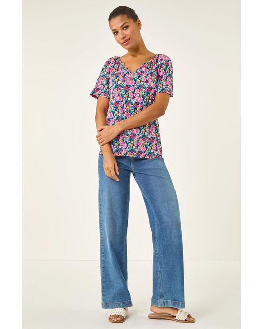 Roman Blue Gather V-Neck Puff Top