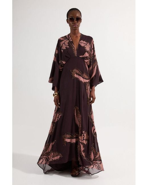 Karen Millen Red Drama Kimono Sleeve Printed And Beaded Woven Maxi Dress