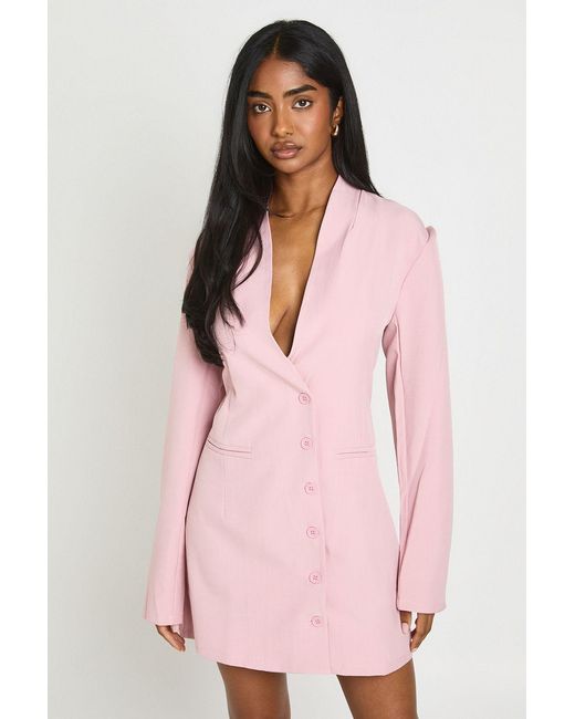Boohoo Pink Tailored Shoulder Pad Deep V Neck Button Down Blazer Dress