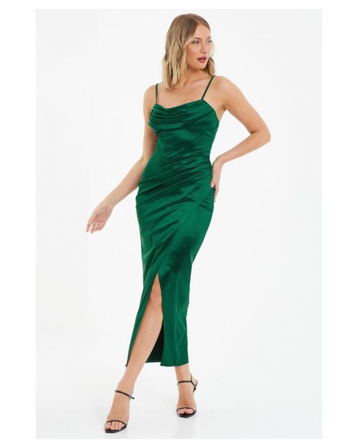 Quiz Green Bottle Corset Split Hem Maxi Dress Satin