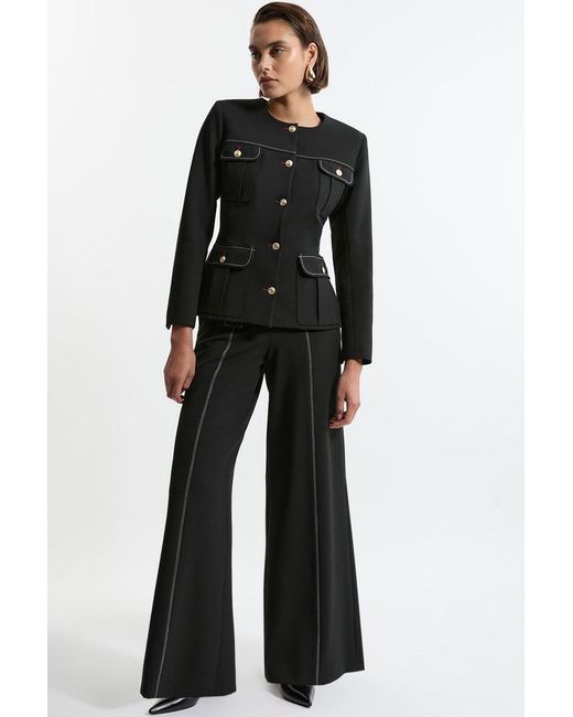 Karen Millen Black Compact Stretch Tailored Flared High Waisted Trousers